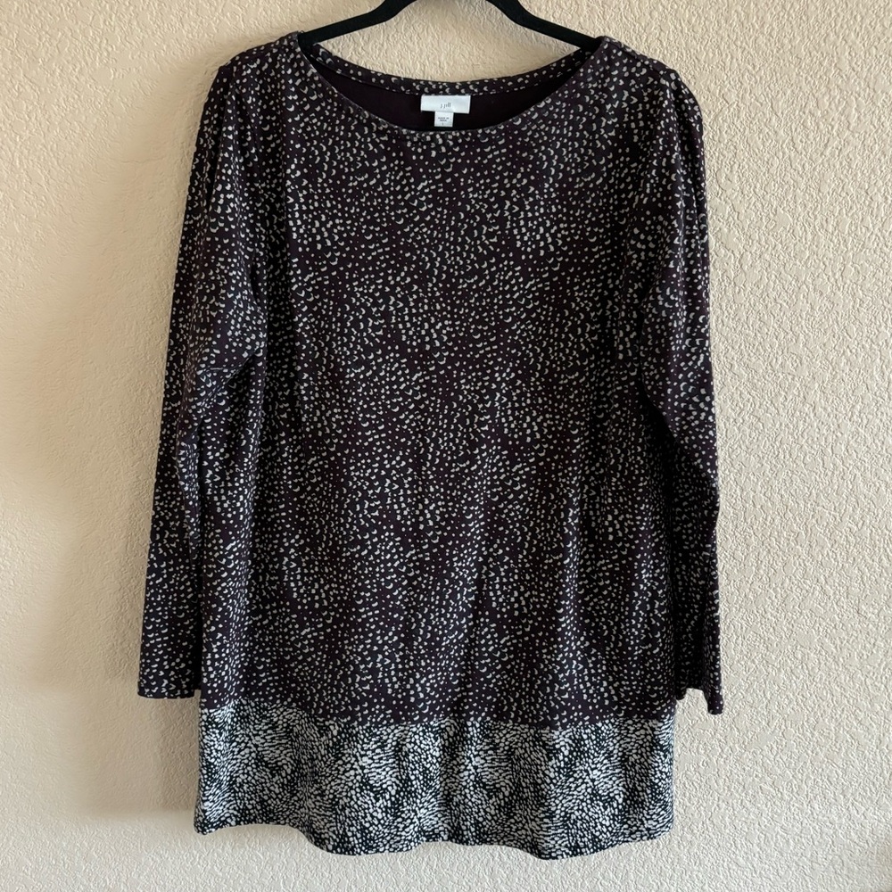 J Jill Size Large Boat Neck Tunic Top Black Pattern Long Sleeve 100% Pima Cotton